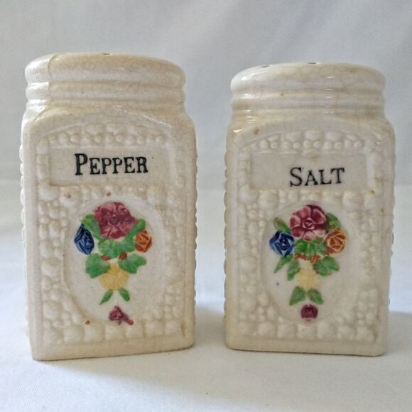 ‎Vintage Japan Stovetop Salt Pepper Shakers Ceramic Handpainted Floral Large - Picture 14 of 16